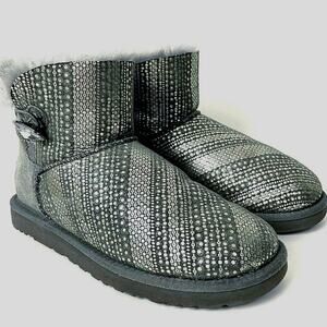 UGG Australia 1003735 Mini Bailey Button Bling Suede Sheepskin Boots Silver 7